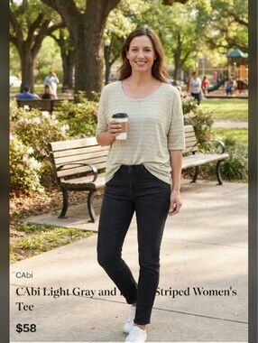 CAbi Light Gray and Yellow Striped Women’s Tee